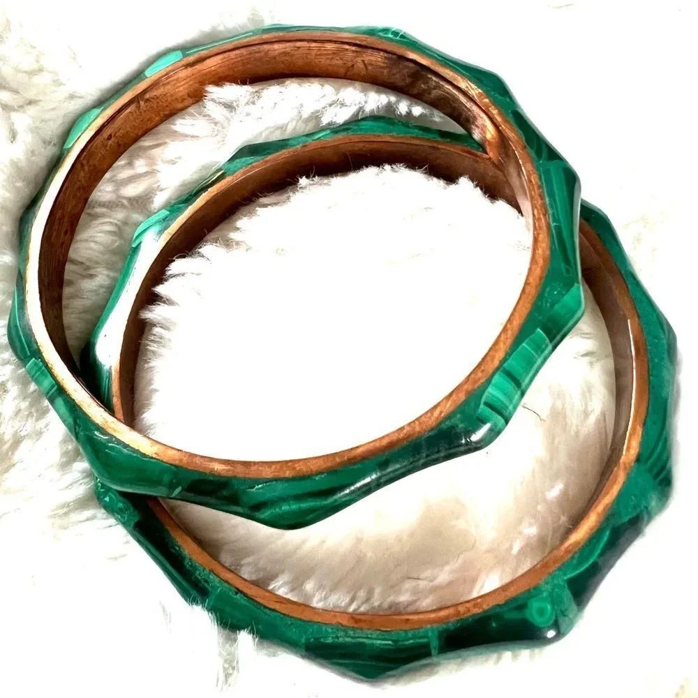 Malachite green bracelets with copper set of two